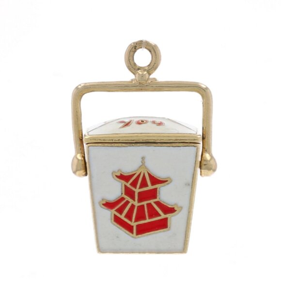Yellow Gold Chinese Food Takeout Box Charm - 14k White & Red Enamel Moves